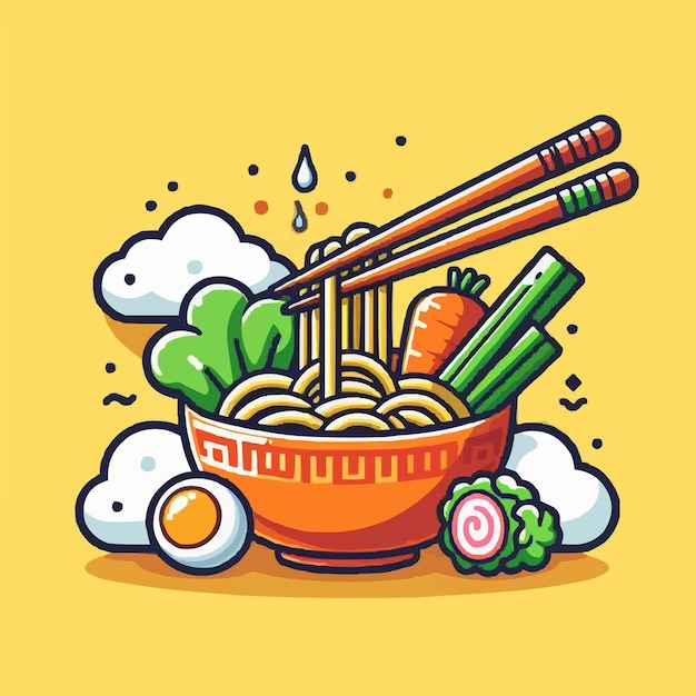 Ramen noodle vegetable with chopstick cartoon vector icon illustration food object icon concept isol