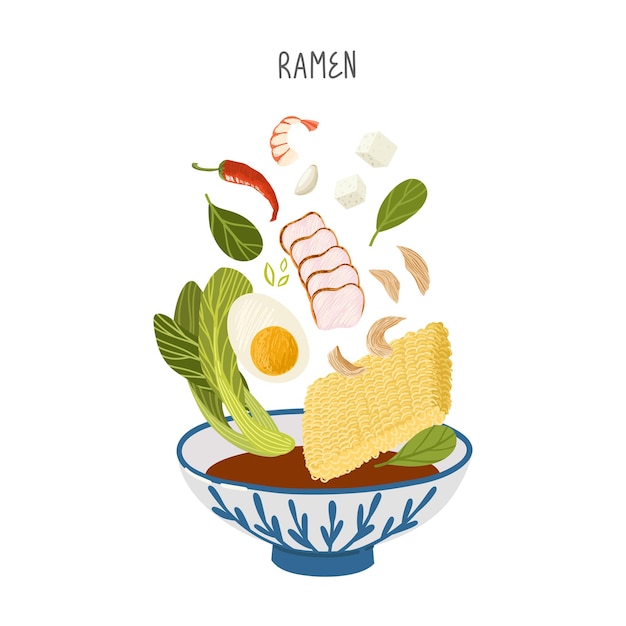 Vector ramen recipe vector illustration with falling ingredients. traditional asian food. vector clipart.