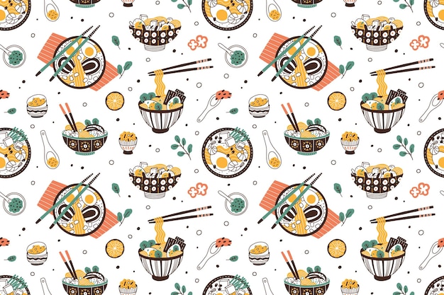 Ramen soup hand drawn seamless pattern. Traditional japanese dish with noodles in bowls vector flat illustration. Background with national oriental meal. Wrapping for wok restaurant.