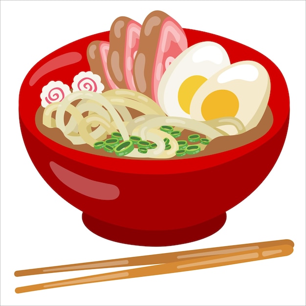 Ramen soup with noodle boiled eggs and meat Hand drawn vector illustration