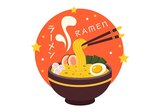 Vector ramen vector illustration of japanese food featuring noodles chopsticks miso soup boiled egg and grilled nori in a flat style cartoon background