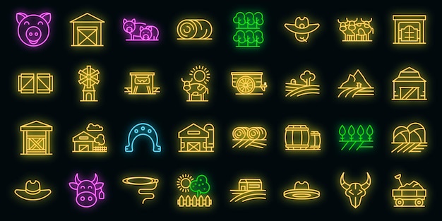 Ranch icons set. Outline set of ranch vector icons neon color on black