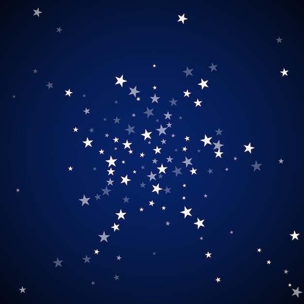 Random falling stars Christmas background. Subtle flying snow flakes and stars on dark blue night background. Admirable winter silver snowflake overlay template. Authentic vector illustration.