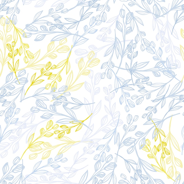 Random seamless pattern with herbal branches in blue and yellow tones. White background.