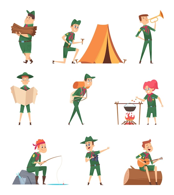 Rangers kids. Little scouts in green uniform survival characters with backpack studying vector children