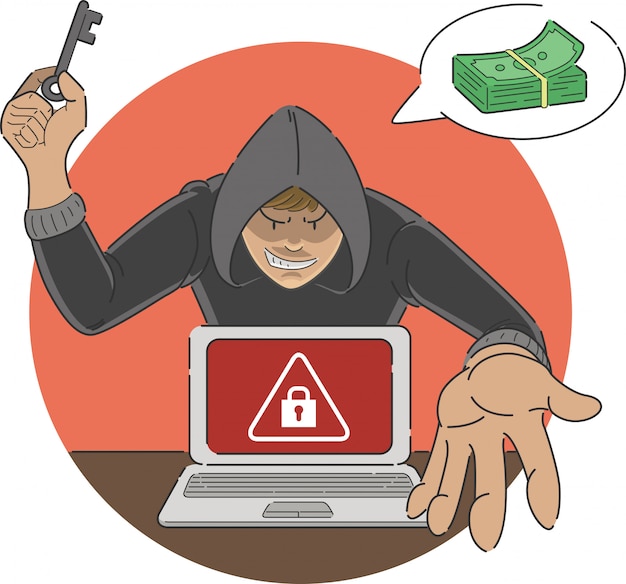 Ransomware attack scam cartoon of malware showing alert sign on laptop screen with hacker threatening money payment to unlock