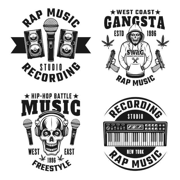 Rap and hip-hop set of four vector monochrome emblems, labels, badges or logos isolated on white background