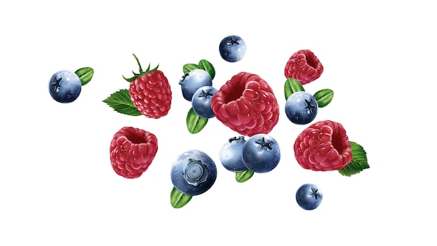 Raspberries and blueberries are flying on a white background.