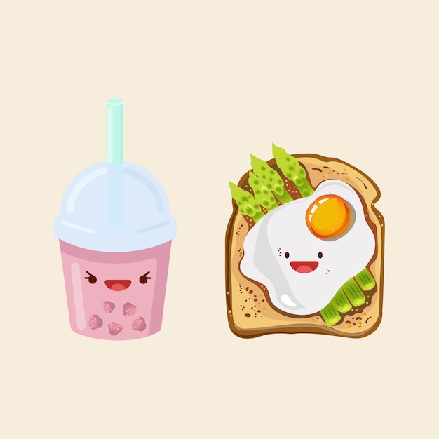 Raspberry cocktail and toast with scrambled eggs and asparagus, cute illustration, Sticker  cartoon