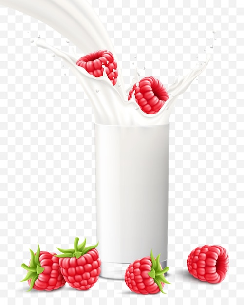 Raspberry falling in a glass of milk or yogurt Sweet milk splashes Fruit milkshake advertising banner yogurt jet flying drops white drink in glass cup Realistic 3d vector illustration isolated