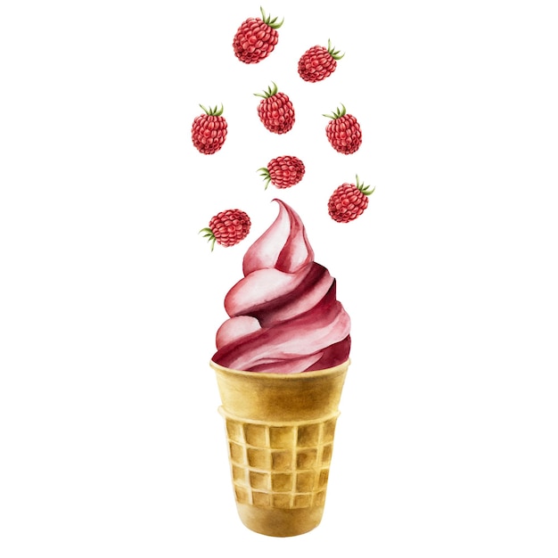 Vector raspberry soft ice cream with flying berries in crispy waffle cone hand painting sweet watercolor