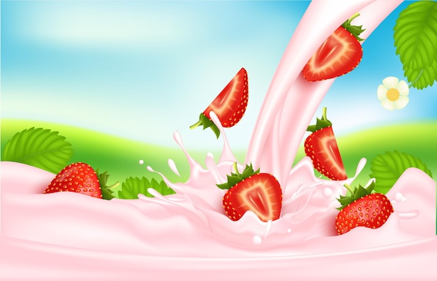 Raspberry sweet pink milk with berries and splashes realistic, Fruit and yogurt.