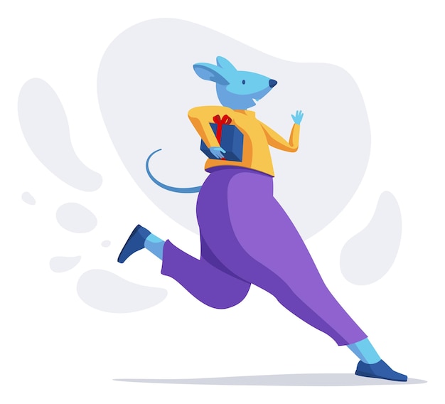 Rat character delivery gift for a business partner Cute animal in modern colors clothes running for