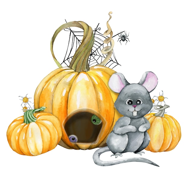 Rat pumpkin spider Watercolor clipart cartoon style on an isolated background