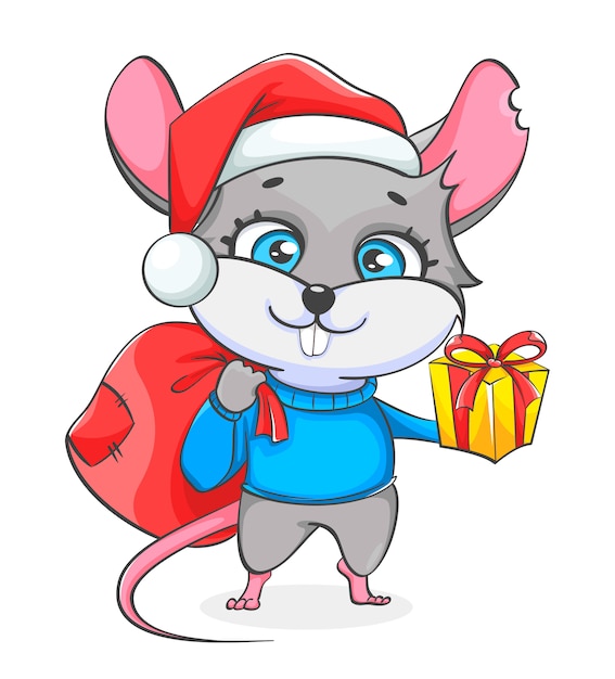 Rat in Santa hat holding sack with presents