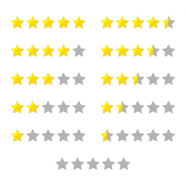 Vector rating stars set for product or customer review with gold and half stars flat vector icons.