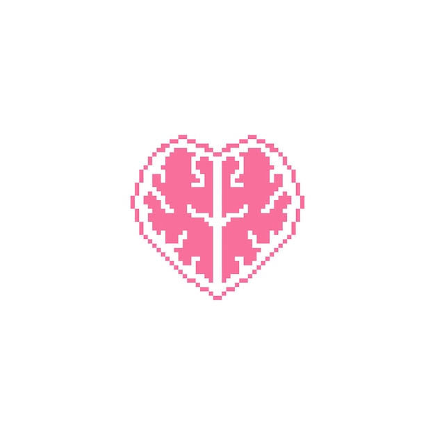 Rational love brain heart Pixel art line icon vector icon illustration