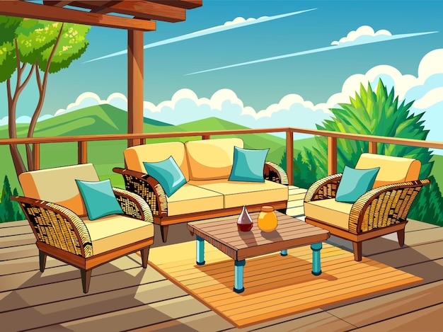 Vector a rattan patio set including a sofa a table and a chair on a wooden deck vector illustration