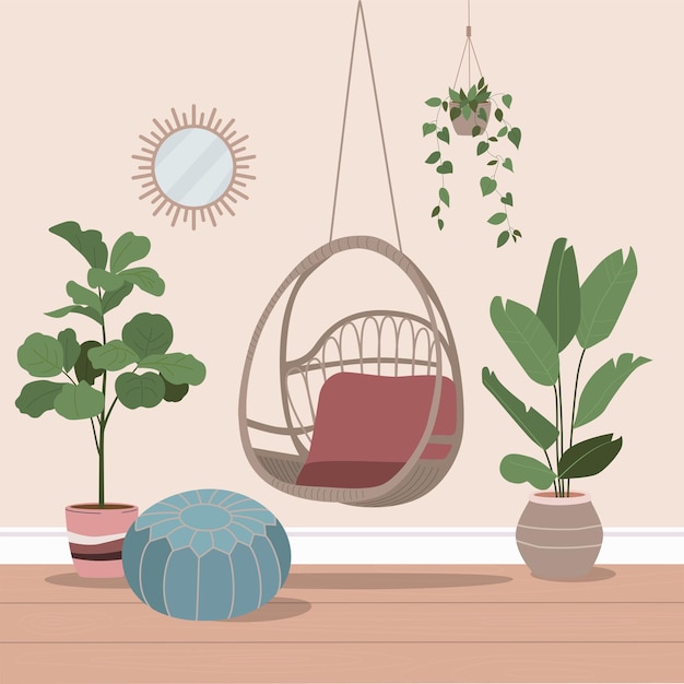 Vector rattan swing chair with plants. cozy home interior.    flat cartoon illustration