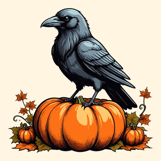 A Raven Crow On Pumpkin Illustration Halloween Crow Raven