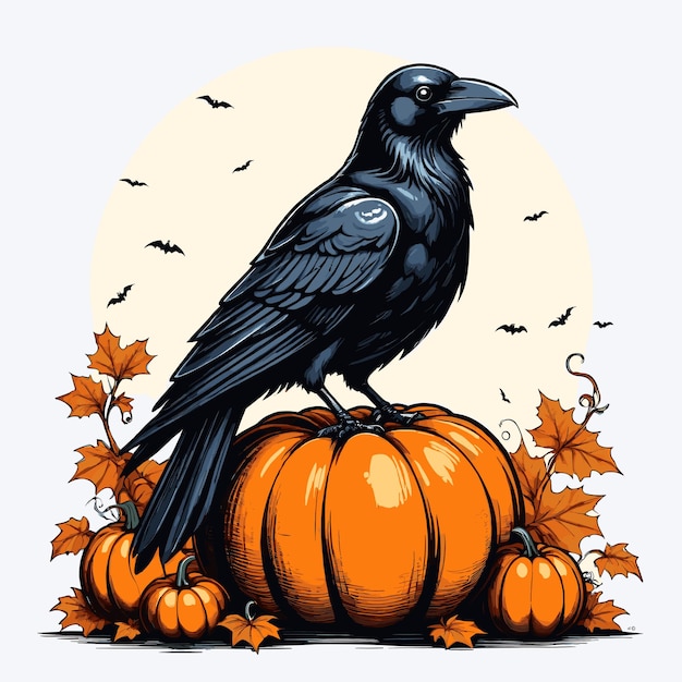 Raven Crow On Pumpkin Illustration Halloween Crow Raven