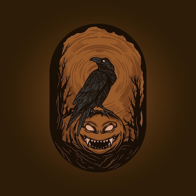 The raven pumpkin halloween illustration and t shirt design