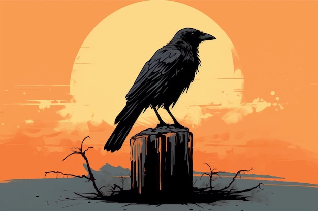 Raven silhouette sunset artwork