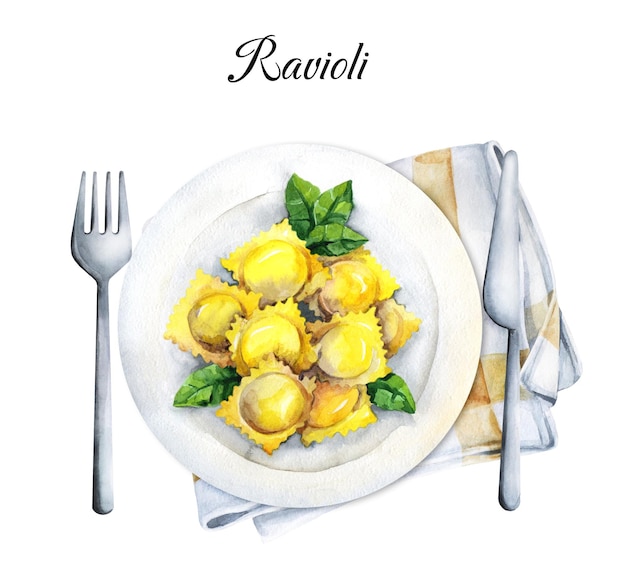 Ravioli watercolor. Italian food.