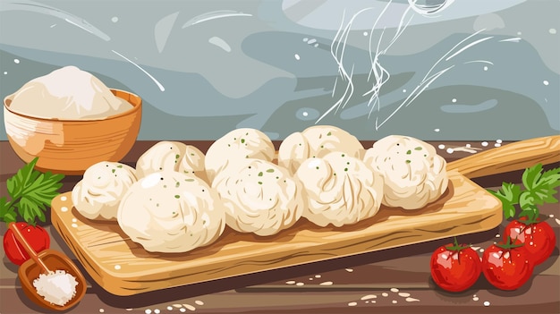 Vector raw dumplings and fresh dough on grey background