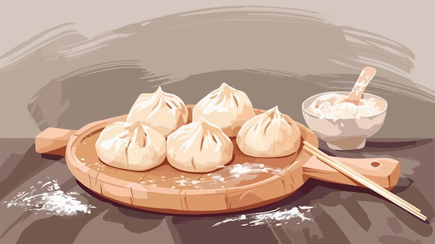 Vector raw dumplings and fresh dough on grey background