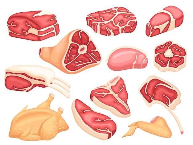 Raw meat collection Pork preparing fresh steak beef Dinner or lunch ingredients fresh farmers meats market Isolated food sliced neat vector set