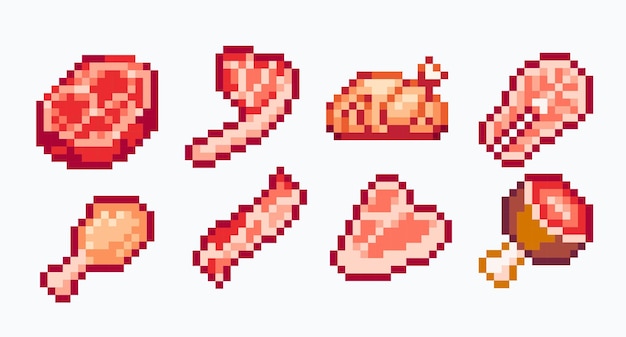 Raw meat pixel art set Pork beef and fish steaks collection 8bit sprite