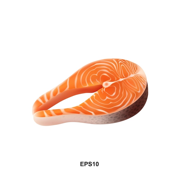 Raw Salmon Steak Vector Illustration. Thick Piece of Fresh Red Fish, Trout Slice Isolated on White Background