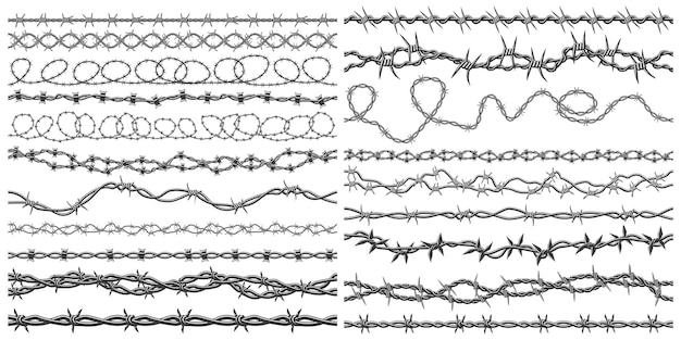 Razor wire silhouettes Barbed wire metallic border sharply barb wire fencing vector symbols set