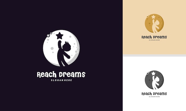 Reach Dreams logo with Moon symbol, Reaching Star logo, Online Learning logo designs vector, Kids Dream logo