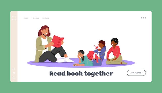 Read Book Together Landing Page Template Preschool Education Concept Young Teacher Character Read Book To Children