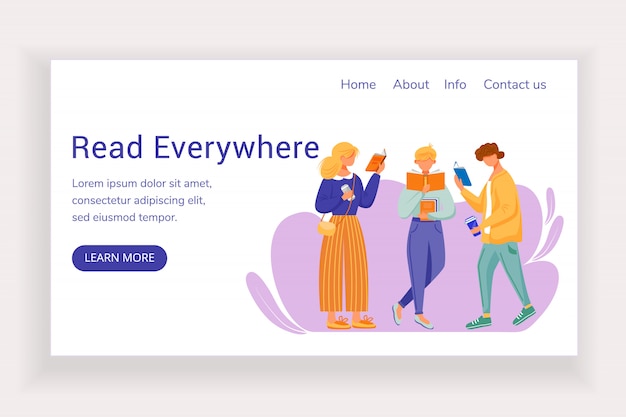 Read everywhere landing page vector template. Bookshop website with flat illustrations. Library homepage layout.