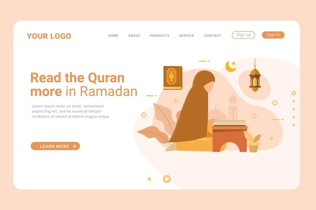 Vector read and learn the quran more in the month of ramadan vector illustration on landing page