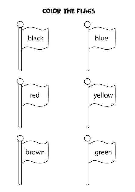 Read names of colors and color flags Educational worksheet for kids