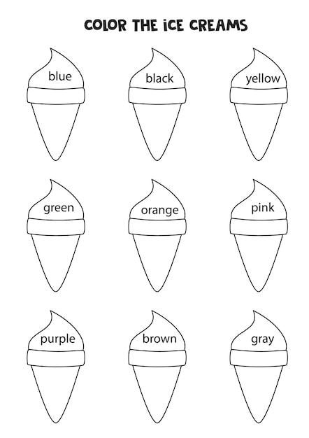 Read names of colors and color ice creams Educational worksheet