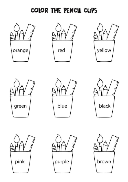 Read names of colors and color pencil cups Educational worksheet