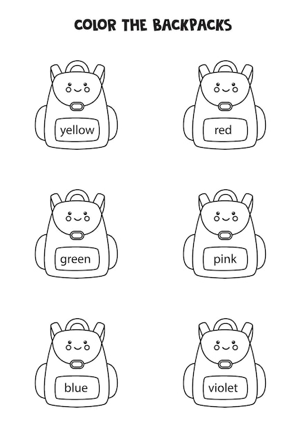 Read names of colors and color school backpacks Educational worksheet