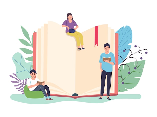 Reading book concept. Huge open textbook and tiny people reading books, e-learning and library, distance studying and self education, smart woman and men learning flat vector cartoon illustration