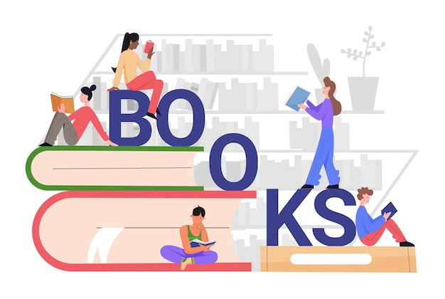 Reading books concept. Student people sitting on pile of books.