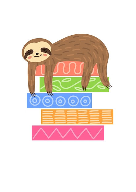 Reading books Cute sloth sleeping on stack of books