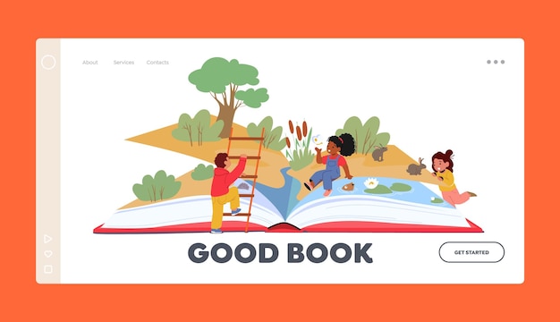 Reading of Children Literature Landing Page Template Kids Immersed In A Book Of A Vast Imaginative World