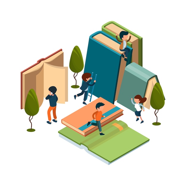 Reading concept. Isometric books, reading people  illustration. Study, free time, entertainment with books. Education isometric, library with encyclopedia for learn