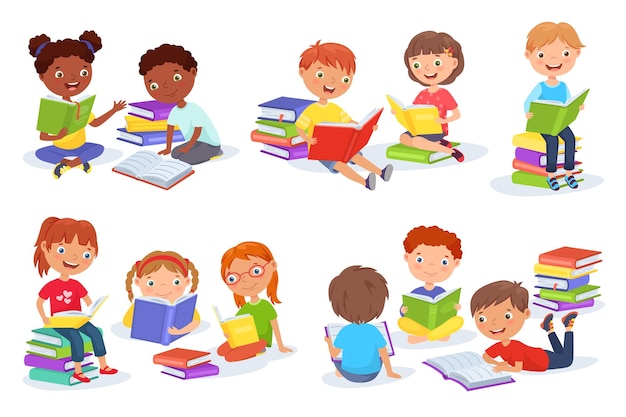 Reading kid Cartoon children read book literature for kids boys and girls readers group with piles of books vector set