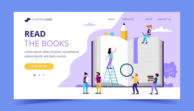 Reading landing page, small people characters around big book. 