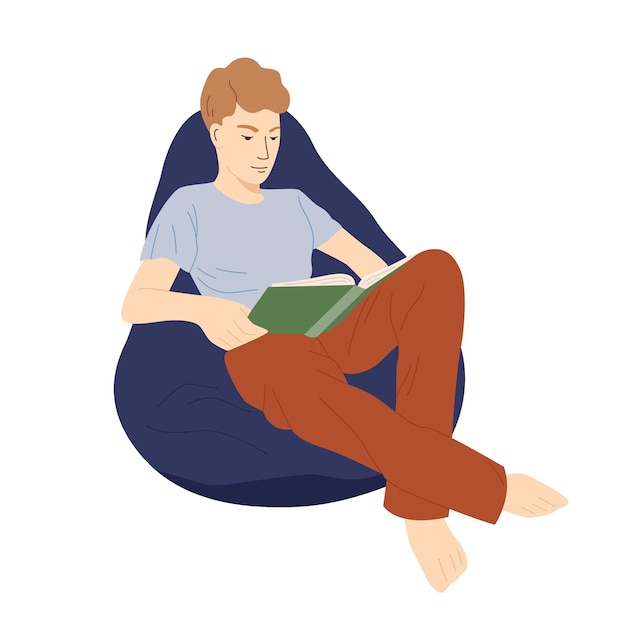 Reading man on armchair Boy sitting on bag chair with book Vector cute flat illustration